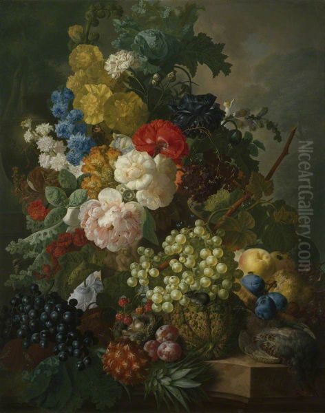 Still life with Roses, Larkspur and Fruit, with a Partridge - view 1