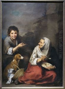 An Urchin mocking an Old Woman eating Migas by Bartolome Esteban Murillo
