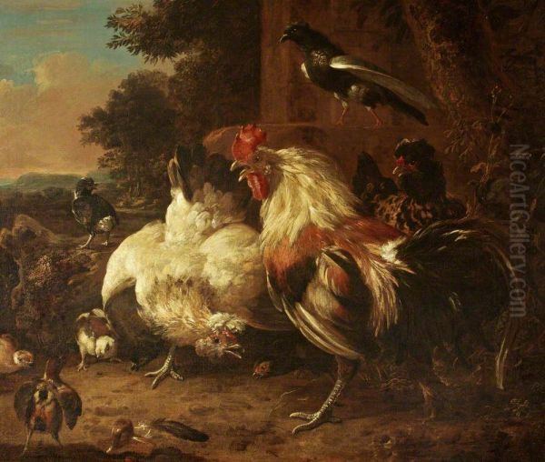 A Cock and Two Hens, with Chicks, in a Landscape Setting - view 1