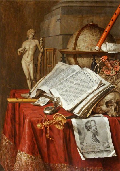 Vanitas Still Life with a Statuette of an Antique Athlete and a Print of Michelangelo - view 1