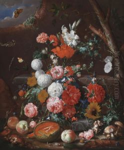 A Still Life of Flowers and Fruit arranged on a Stone Plinth in a Garden by Cornelis De Heem