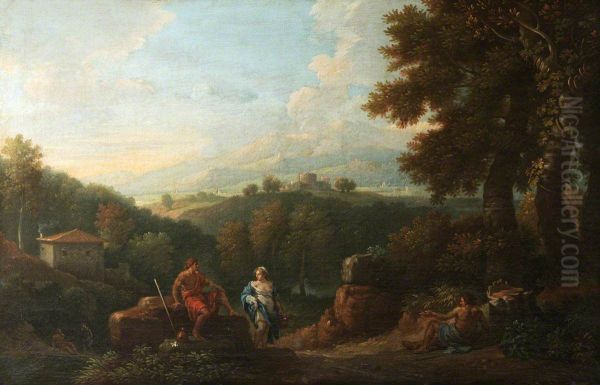 A Woman conversing with Two Men on a Path - view 1