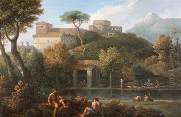 Two Men conversing by a Lake beneath a Castle - view 1