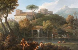 Two Men conversing by a Lake beneath a Castle by Gaspard Dughet