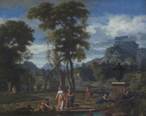 Classical Landscape with Greek Maidens venerating a Statue of Pan amongst Tombs