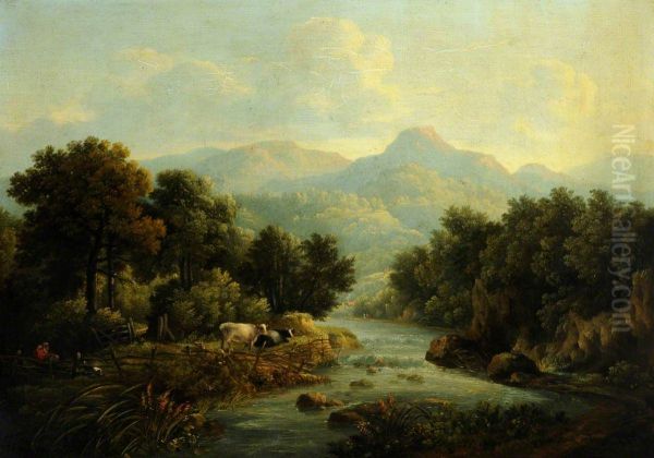 Wooded Landscape with Cows at a Riverbank - view 1