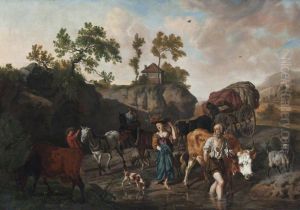 Landscape with an Old Herdsman and Young Market Girl fording a Stream followed by Two Horse-and-Carts with Grooms