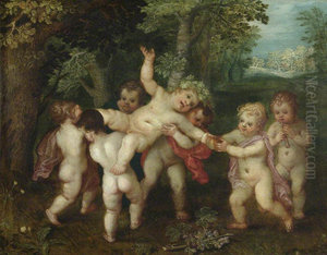 Putti enacting a Bacchanalian scene Putti enacting a Bacchanalian scene