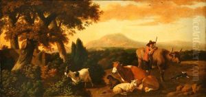 Pastoral Scene with Shepherd and a Sheep, Goat and Cows