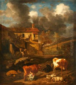Landscape with a Milkmaid milking a Cow, a Farm Dwelling, Cows, Sheep, and a Donkey
