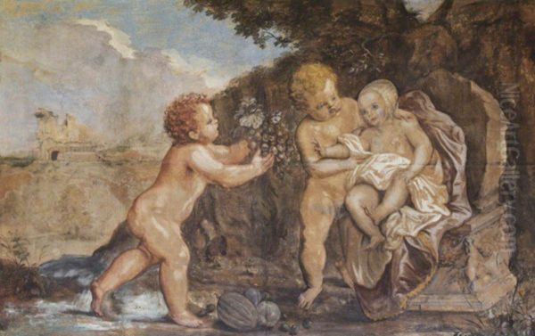 Two Putti offering a Baby a Bunch of Grapes - view 1
