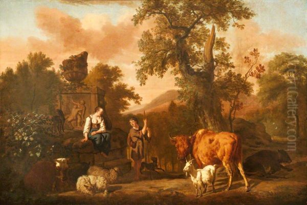 A shepherd with cattle and a young woman near a broken stone vase on a pedestal - view 1