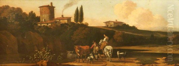 River Landscape with a Tower and Houses on a Hill on the far side, and a Herdsman with Cattle and goats conversing with a Woman on a Horse on a Road in the foreground - view 1
