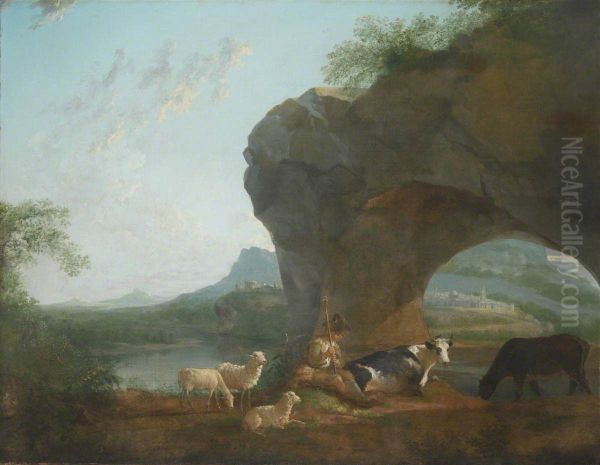 Italianate Landscape with a Herdsman and Three Sheep and Two Cows under a Rock Arch - view 1