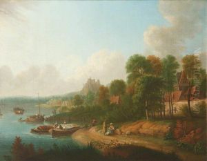River Scene with Boatmen and Barges by Johann Caspar Zehender