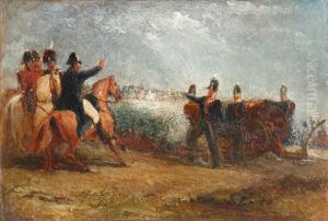 Scenes with the Duke of Wellington at the Battle of Waterloo (The Meeting of Wellington and Blucher at Waterloo and Wellington with Frontline Artillery at Waterloo) by George Jones
