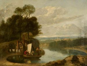 Three Boys in a Sailing Boat on a Lake with, possibly, Durham in the distance