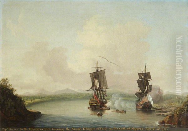 Lord Augustus John Hervey, later 3rd Earl of Bristol (1724-1779)  in the 'Hampton Court' burning the 'Nimph' on the Coast of Majorca, 21st June 1758 - view 1