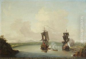 Lord Augustus John Hervey, later 3rd Earl of Bristol (1724-1779) in the 'Hampton Court' burning the 'Nimph' on the Coast of Majorca, 21st June 1758 by Dominic Serres