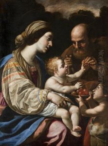 Holy Family with the Infant John the Baptist offering Fruit by Simone Cantarini (Pesarese)