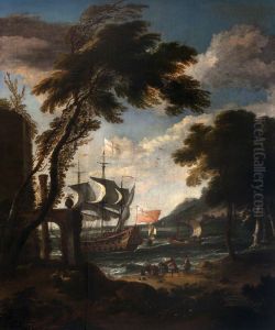 A Seaport with Men-o'-War, Boats and Figures by Adriaen Van Diest