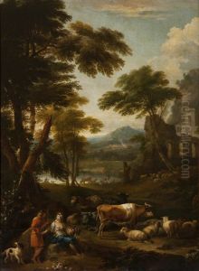 A Wooded Landscape with Figures by Jan Frans van Bloemen
