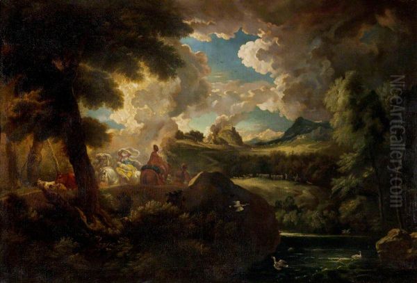 A Wooded Landscape with Figures and a Stormy Sky by the Sea Coast - view 1