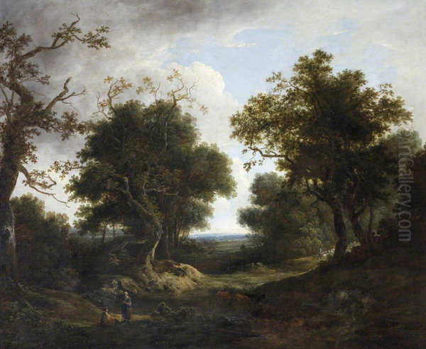 Wooded Landscape with Cattle and Sheep and Peasant Figures by a River - view 1