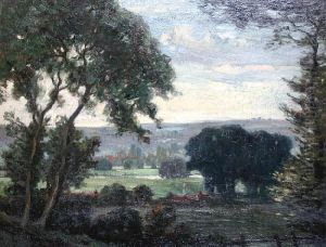 A Rolling Country Landscape With Red Roofedvillage Houses by Edward Chappel