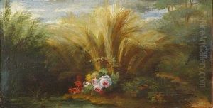 Sommer- Und Herbstlandschaft Mit Kornhocken, Rosen Und Kahlem Baum by Edward Chappel