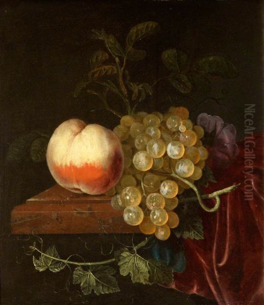 A Peach and Grapes on a Ledge - view 1