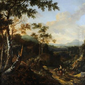 A Wooded Landscape with Peasants and Donkeys on a Path