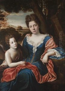 Portrait Of A Lady, Three-quarter-length, In A Blue Dress With A Red Sash, With Cupid In A Landscape