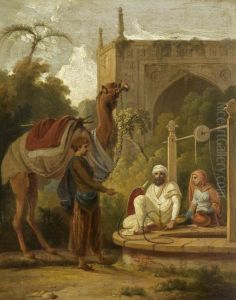 Indian Scene of Figures and a Camel at a Well by Thomas Daniell