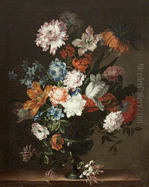 Tulips and Summer Flowers in a Metal Urn - view 1