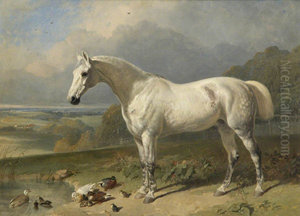 A Grey Horse and Ducks in a Landscape by John Frederick Herring, Sr.