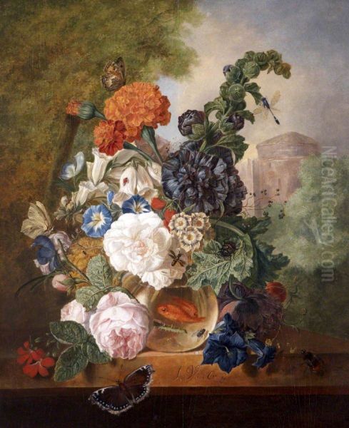 Flowers in a Goldfish Bowl in a Landscape with a Tower - view 1