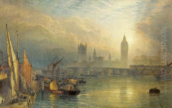The New Houses of Parliament and the Thames (Sunset on the Thames near Westminster with the New Houses of Parliament) - view 1