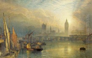 The New Houses of Parliament and the Thames (Sunset on the Thames near Westminster with the New Houses of Parliament) by Henry Dawson