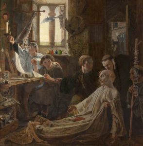 Bede finishes his Works and Life (One of a series of eight oil paintings illustrating the history of the English Border) Bede finishes his Works and Life (One of a series of eight oil paintings illustrating the history of the English Border)