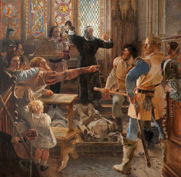 Bernard Gilpin making Peace among the Borders, takes down the Glove in Rothbury Church, circa 1570 (One of a series of eight oil paintings illustrating the history of the English Border) - view 1