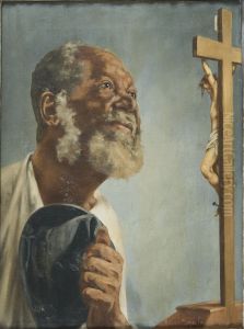 Negro com Chapeu na Mao Olhando Para um Crucifixo by Adrien Henri Vital van Emelen