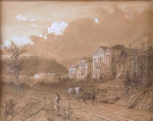 Viale Di Campagna Con Figure E Carrettosullo Sfondo Di Una Citta by Nicolas Marie Joseph Chapuy
