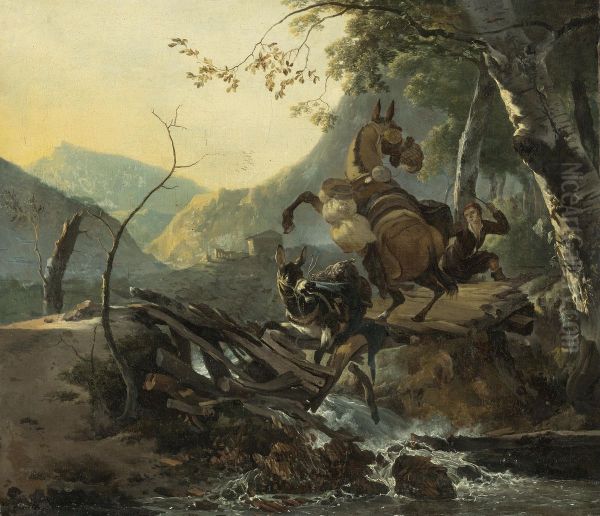 An Italianate landscape with two donkeys crossing a collapsing bridge - view 1