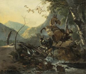 An Italianate landscape with two donkeys crossing a collapsing bridge by Adam Pynacker