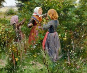 Three little girls picking blackberries by H. A. Brendekilde