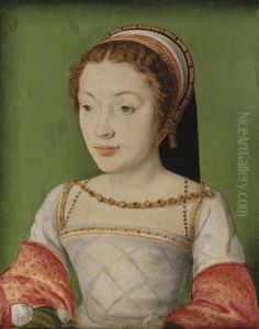 Portrait of Renee de France (1510-1574), bust-length, in a white dress with red sleeves, with a jewelled necklace and a head-dress by Corneille De Lyon