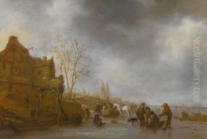 Winter landscape with figures on a frozen canal near a town by unknown