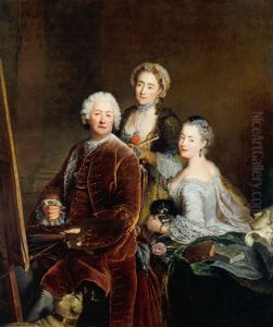 Self-portrait with Daughters Henriette Joyard and Marie de Rege in front of the easel by Antoine Pesne