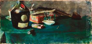 Still life with a D.O.M. bottle by Christian Krohg